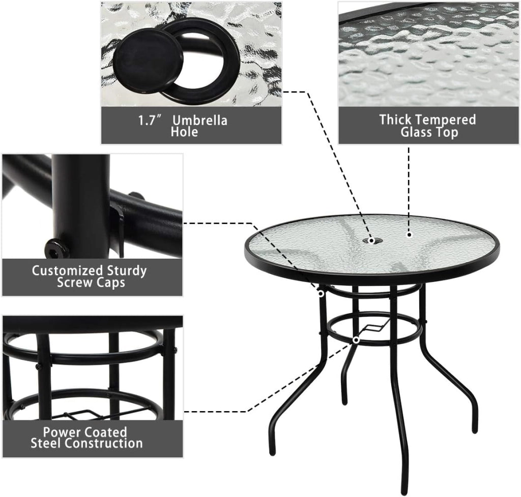 Tavolo da giardino rotondo φ80 cm, tavolo da bistrot in metallo e vetro, tavolo da balcone con foro per portaombrelli, tavolino da caffè in vetro, resistente alle intemperie, per interni ed