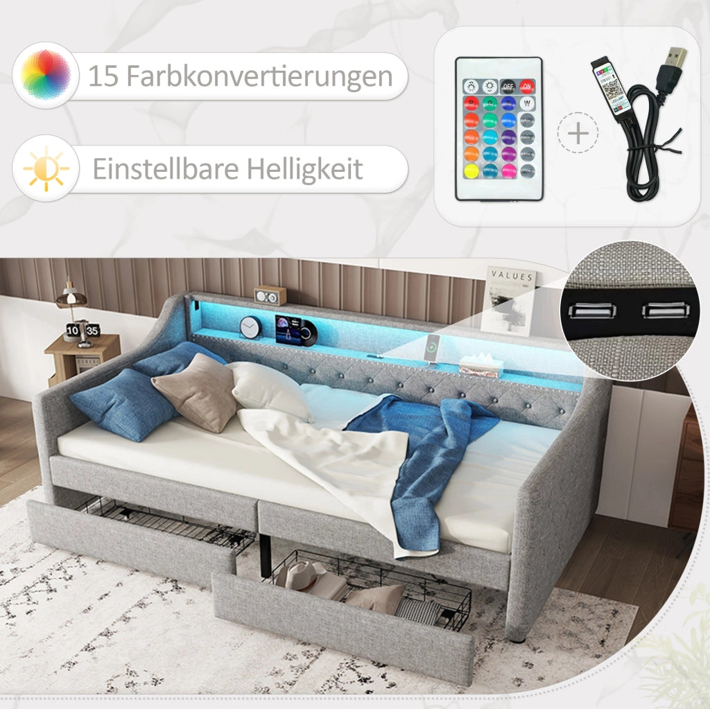 Letto da giorno 90 x 200 cm con rete a doghe; 2 cassetti; LED multicolore con telecomando; USB; lino e MDF; grigio