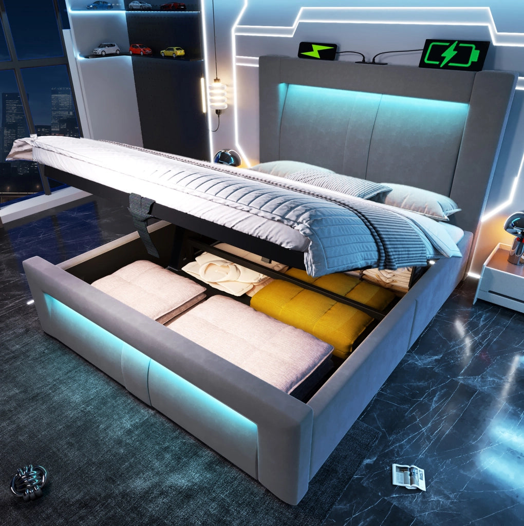Letto singolo 90x200 cm con contenitore; LED; USB e Type-C; testiera curva in velluto grigio
