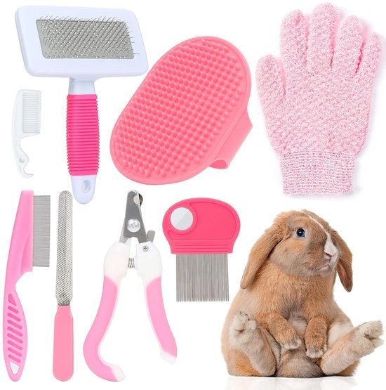 Set di cura per animali, comprensivo di trimmer per unghie, pettine a spazzola per pulci, spazzola per shampoo, spazzola a setole e guanti massaggi per conigli.