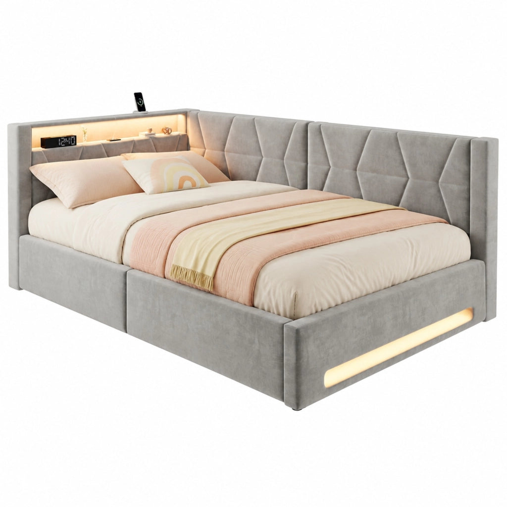 Letto Contenitore 140 x 200 cm; Letto Matrimoniale - USB e LED - Velluto - Grigio Scuro