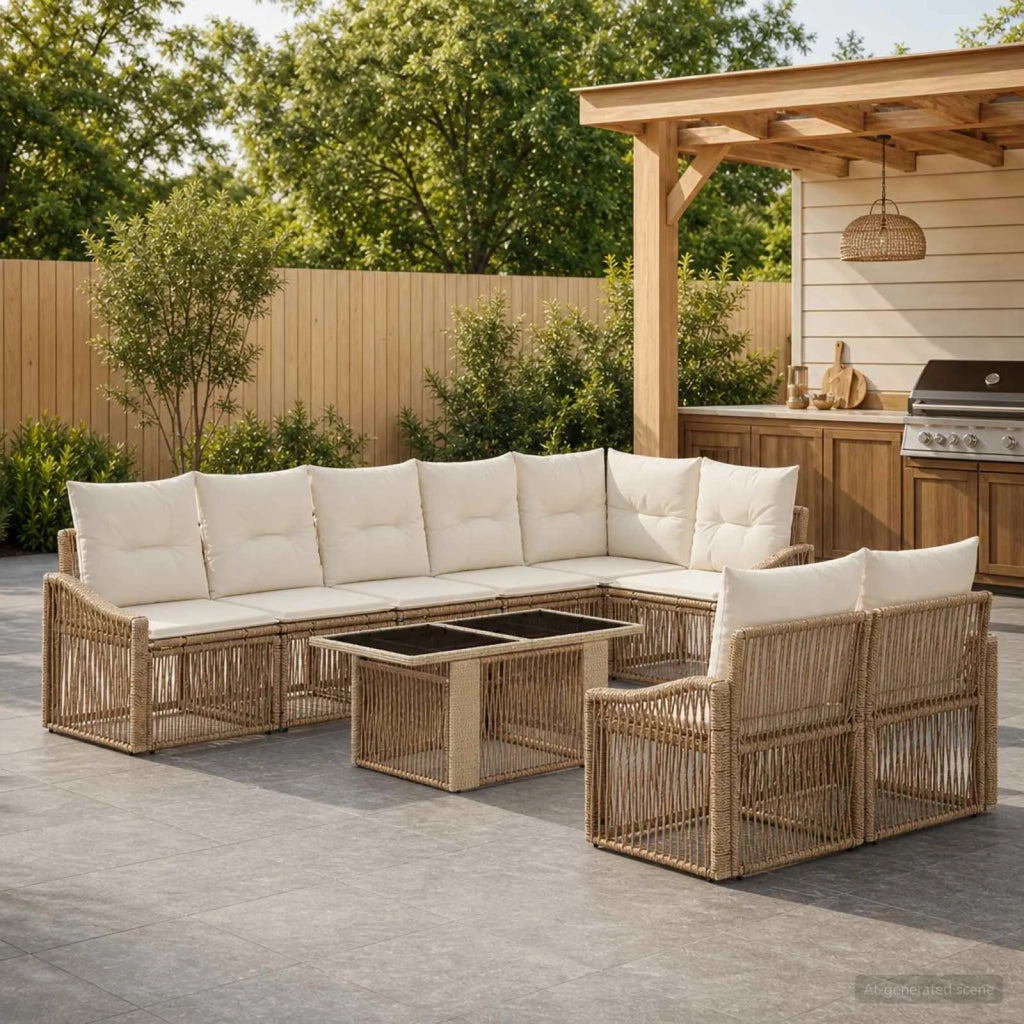 Set Divano da Giardino 9 pz Beige e Bianco Crema polyrattan 3437280