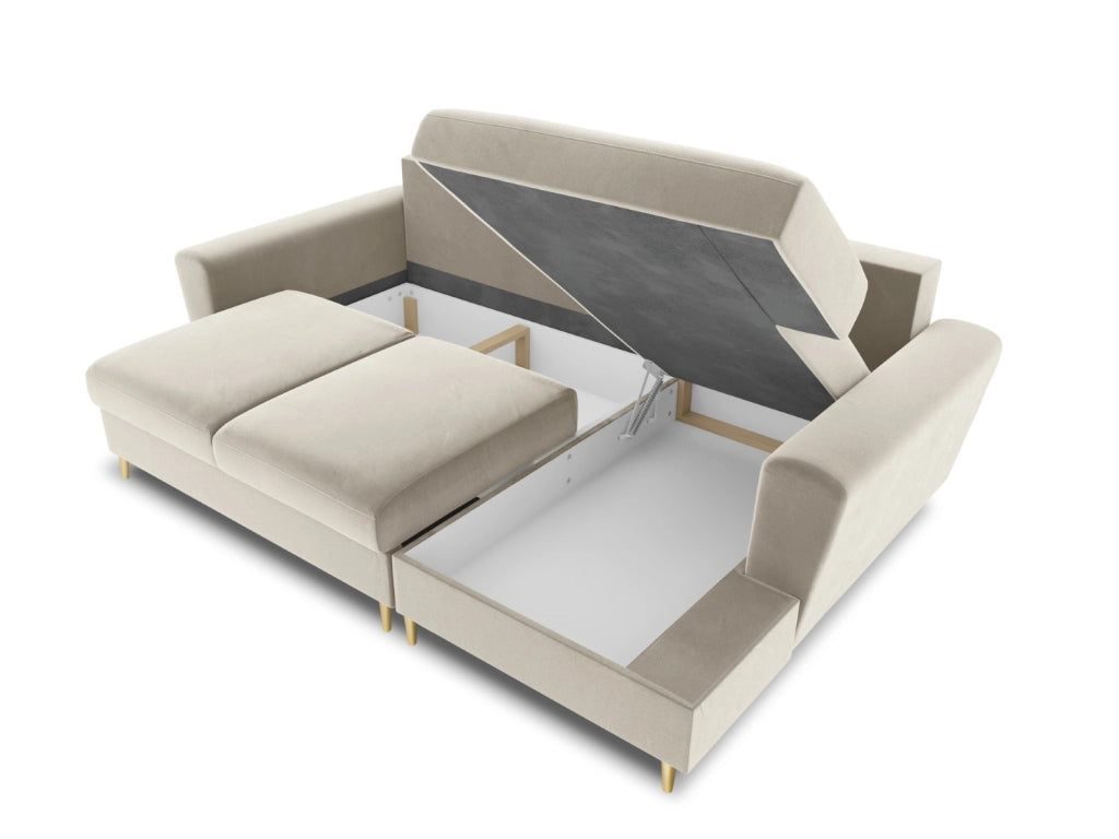 Cosmopolitan Design - Divano convertibile angolare destro con contenitore "Kyoto" 4 posti in velluto beige chiaro 