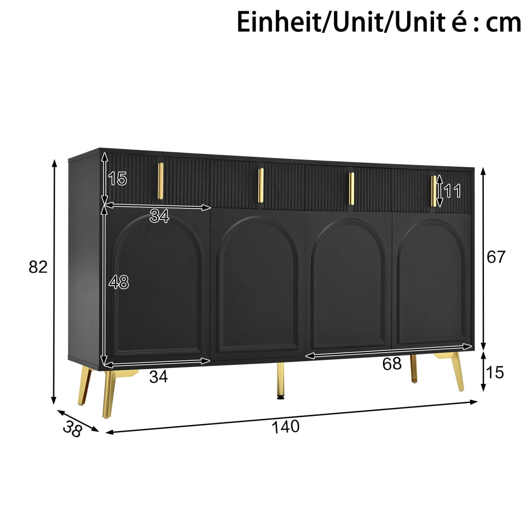 Credenza sideboard nera con 4 ante e 4 cassetti; ripiani regolabili; 140x38x82 cm; in MDF