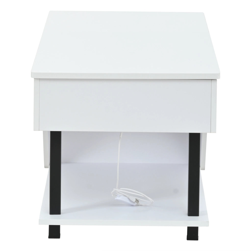 Tavolino basso sollevabile con vano portaoggetti nascosto e ripiani laterali in truciolare bianco 50 × 100 × 46 cm