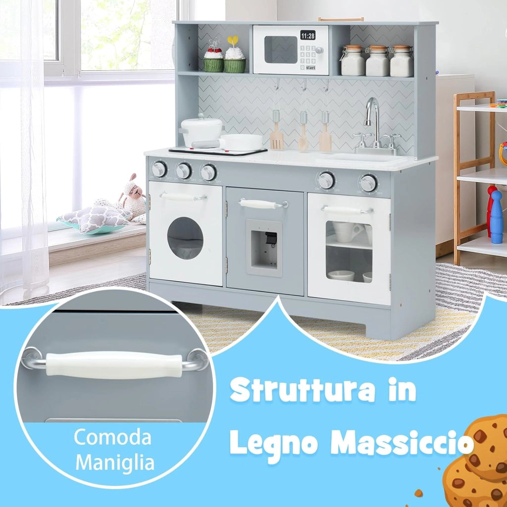 Cucina Giocattolo per Bambini, Cucina per Bambini in Legno con Forno, Microonde, Telefono, Distributore d'Acqua, Lavello e Rubinetto, con Luci e Suoni Realistici, per bambini 3+ Anni