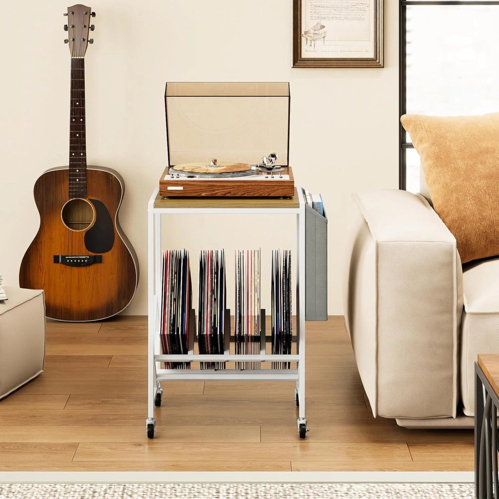 Supporto per Giradischi, Porta Dischi Vinili in Legno e Metallo, Mobile con Tasca Organizer e Ruote, Fino a 200 Album, per Soggiorno, Studio e Camera da Letto (Naturale + Bianco)