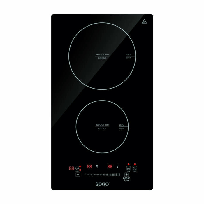 Piano cottura induzione 2 zone 3300W, controllo touch slider e timer 99 min con blocco sicurezza bambini - Sogo