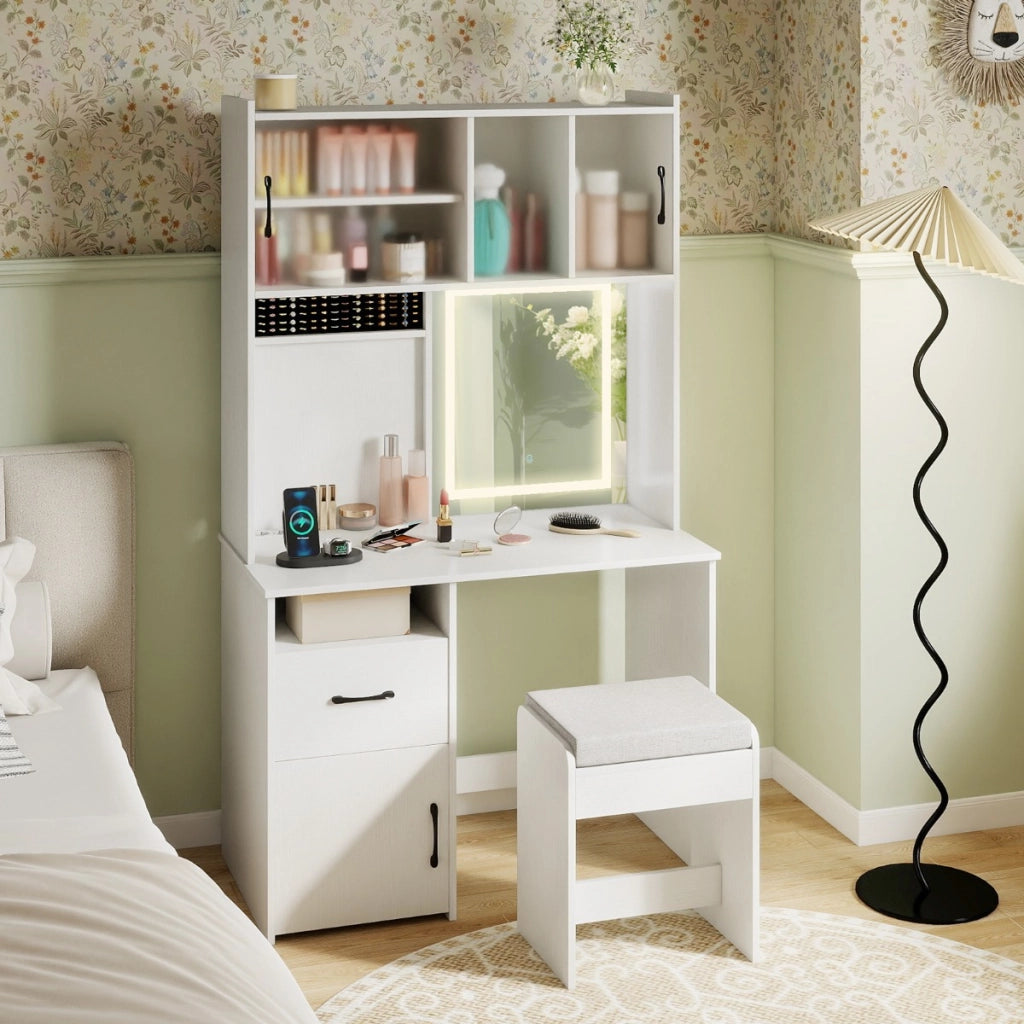 Tavolo da toeletta con specchio e luci con prese di corrente 3 modalit¨¤ di illuminazione, Tavolo cassetto e sgabello-Tavoli da trucco