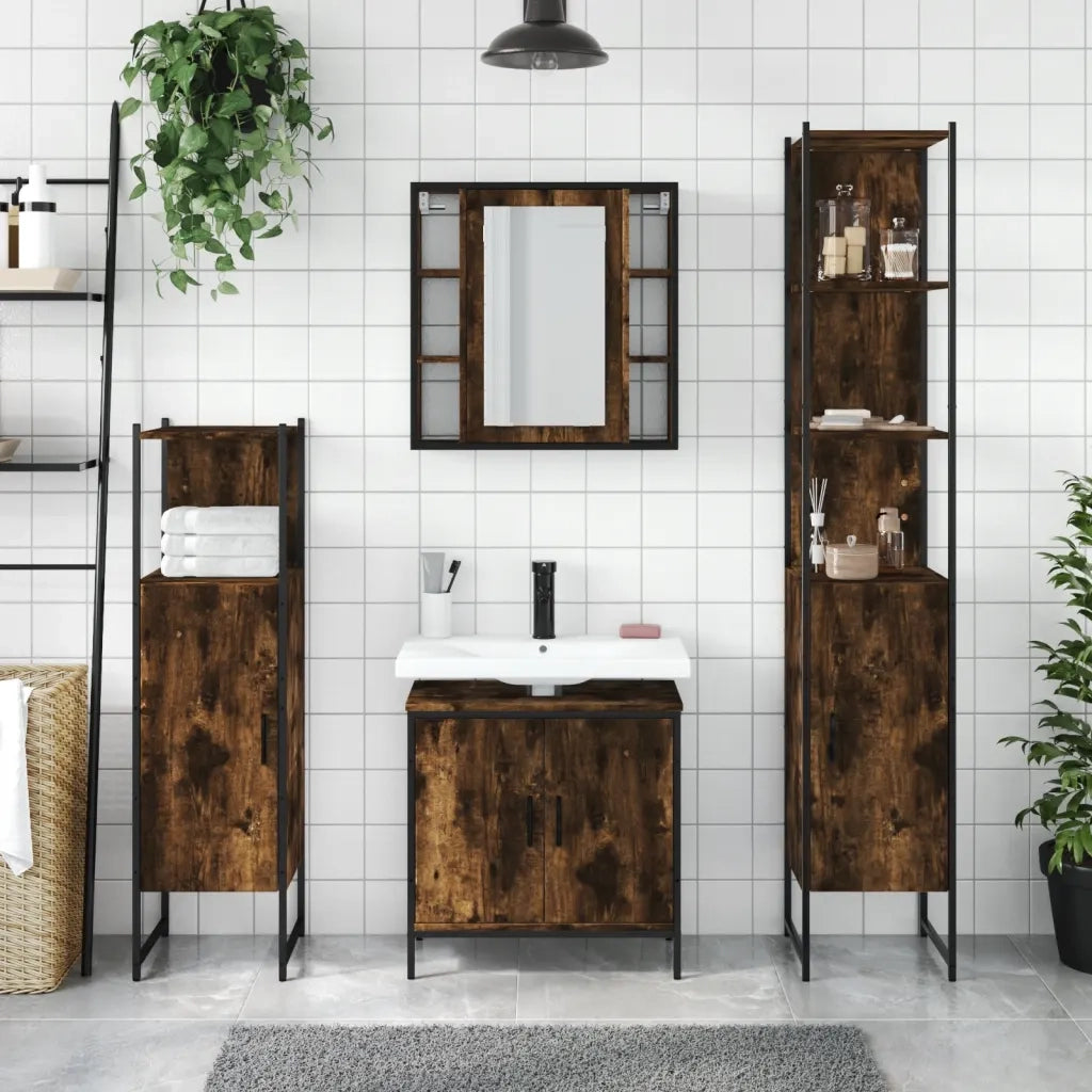 Set Mobili da Bagno | Armadio da bagno 4 pz Rovere Fumo in Legno Multistrato