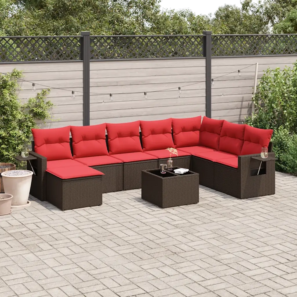 Set Divani da Giardino 9 pz con Cuscini Marrone in Polyrattan 3220573