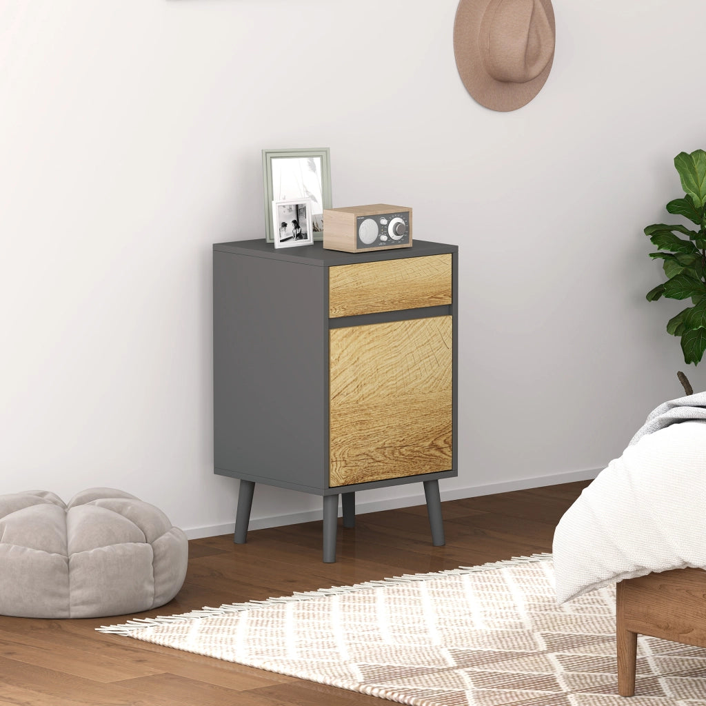 Comodino con Cassetto e Armadietto Moderno Senza Maniglie, 40x39x69 cm, Grigio Scuro e Legno