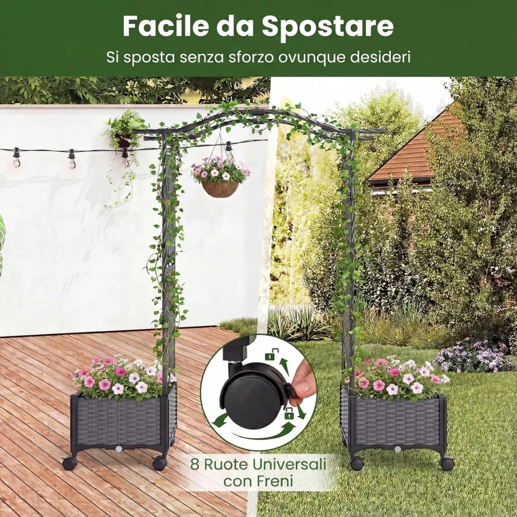 Fioriera Rialzata con Graticcio e Tetto, Irrigazione Automatica e Ruote Bloccatili, Letto da Giardino Rialzato in Rattan Impermeabile per Piante Rampicanti, Fiori ed Erbe (Grigio)