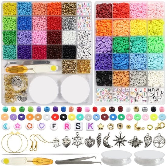 Set di Rocailles 4000 pezzi - Rocailles 4 mm - Lettere di perle - Attacchi - Perle dorate - Laccatura a poliuretano e acrilico - Accessori per gioielli