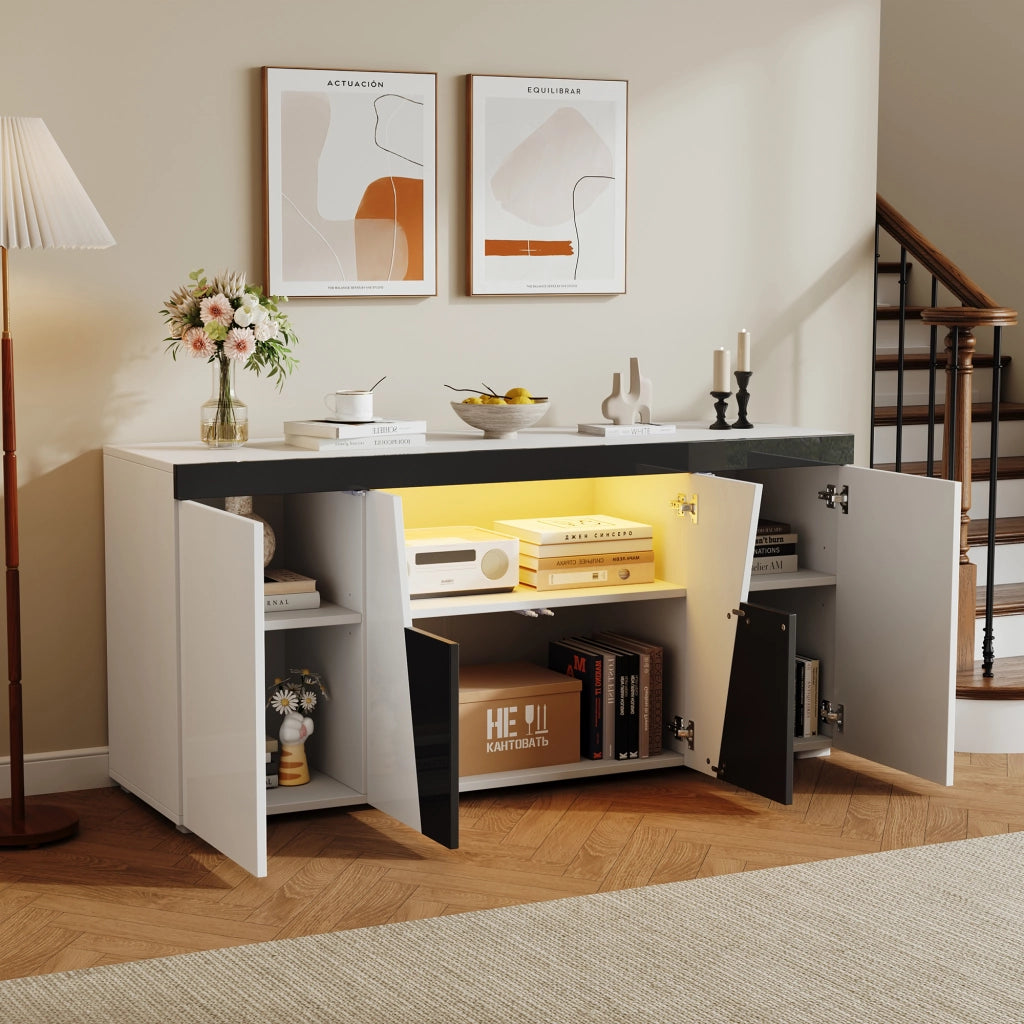 Credenza con 4 ante e ripiani regolabili, LED controllato da app, per soggiorno, bianco e nero, 140 × 40 × 65 cm
