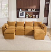 Divano modulare in velluto a coste arancione con tasche laterali e cuscini 322x161x75 cm