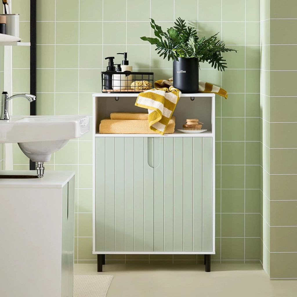 Mobiletto bagno Mobile bagno con 3 Ripiani e 2 Ante, Armadietto portaoggetti Mobile contenitore Verde 60x30x87cm, BZR138-GR