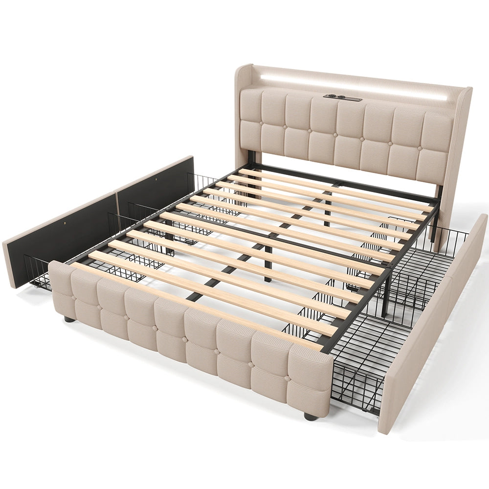 Letto imbottito 140x200 cm - Xylo - USB, LED, 4 cassetti