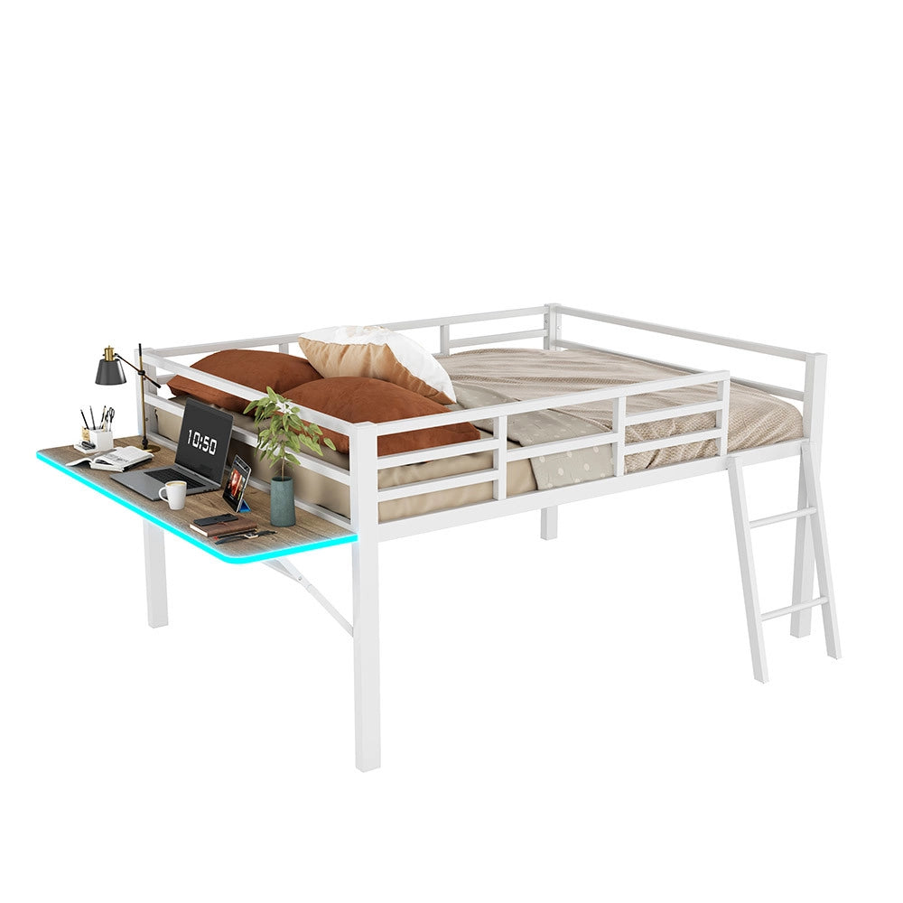 Letto a soppalco 140x200 cm - Xylo - Bianco, Struttura metallica, Scrivania integrata, Luci LED con telecomando