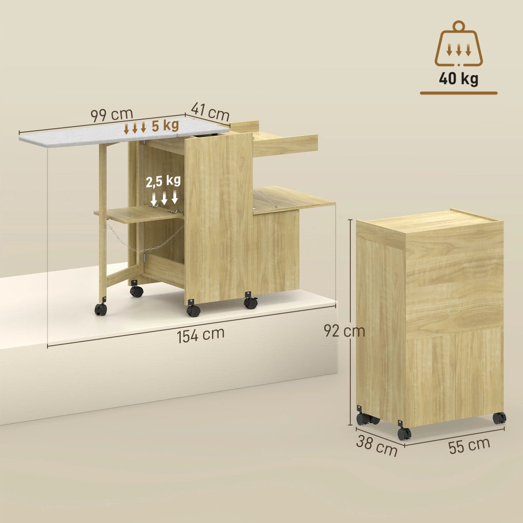 Mobile Asse da Stiro Pieghevole 154x55x87 cm con Porta Ferro e Indumenti con Vano Aperto in MDF Color Legno