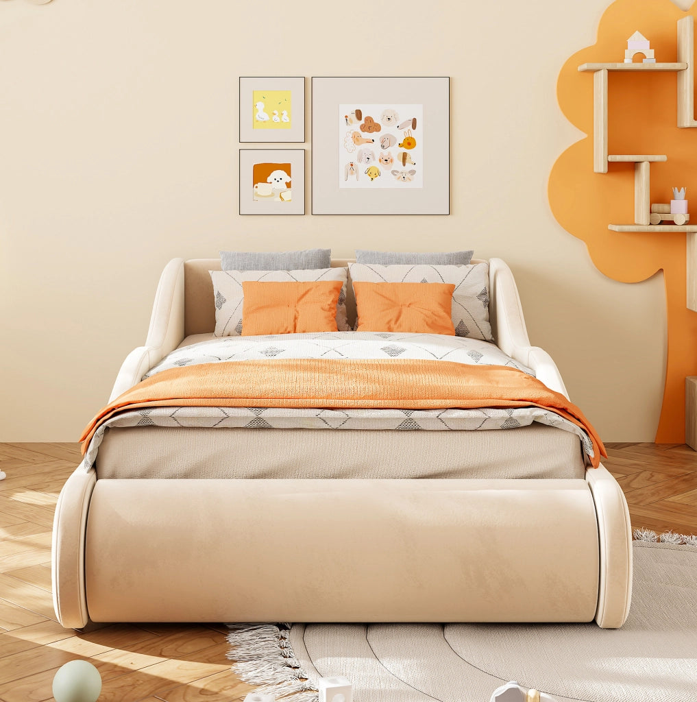 Letto per bambini 90x200 cm con testiera alta e sponde laterali in velluto beige