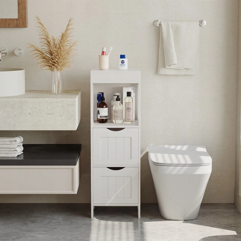 Mobile da bagno a colonna bianco con ripiani in legno 89x30x30 cm