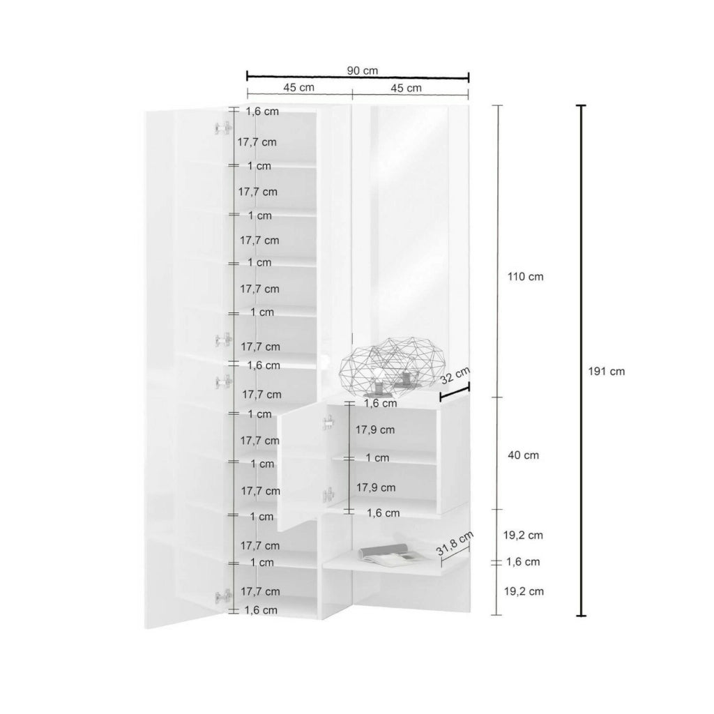 Mobile da ingresso Bauladu, Armadietto multifunzione a 2 ante, Mobile multiuso con specchio, 90x35h190 cm, Bianco