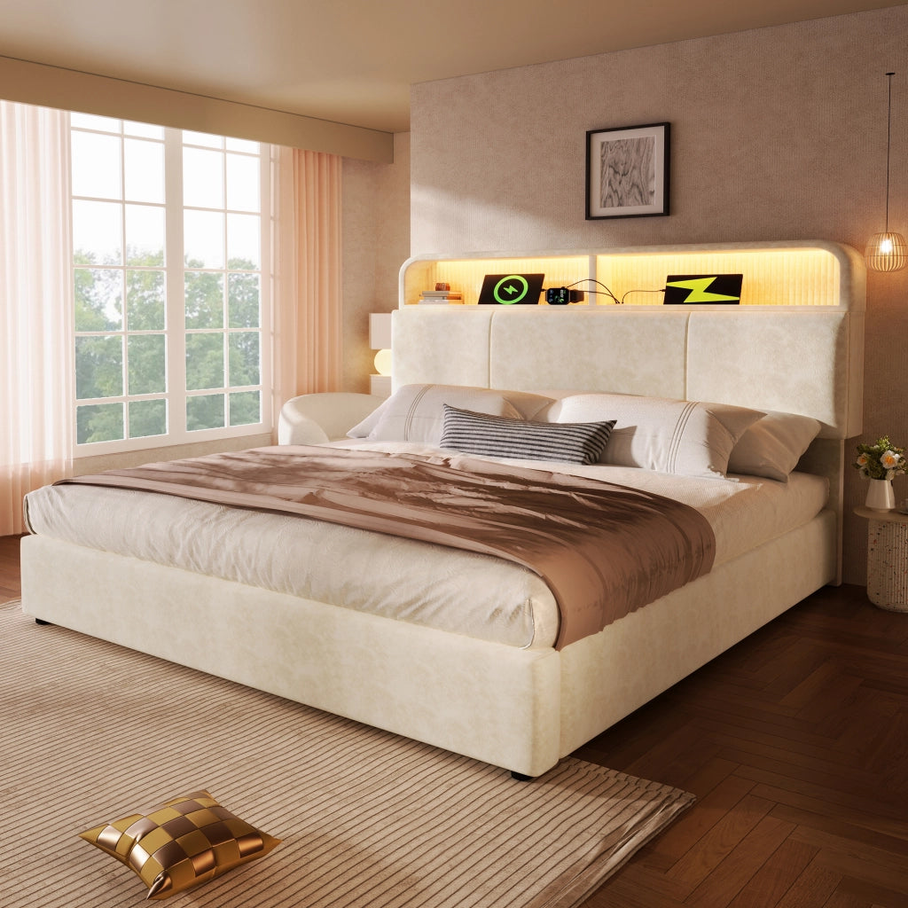 LETTO Matrimoniale 140x190 cm in velluto beige con testiera portaoggetti, LED e USB