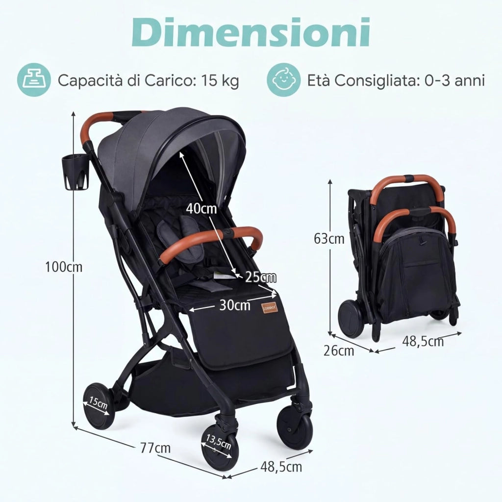 Passeggino Leggero per Neonati con Tettuccio, Schienale e Poggiapiedi Reclinabili, Passeggino Pieghevole con Portabicchieri, Cestello Portaoggetti, per Bambini 0-3 Anni (Grigio)
