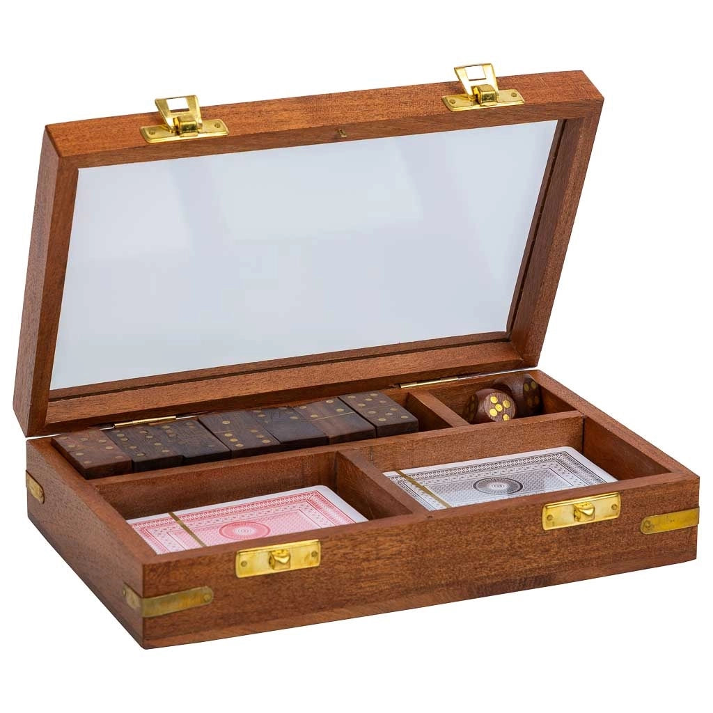 Gioco 3/1 (dadi+domino+carte) in una scatola, legno marrone 15,5x13x5
