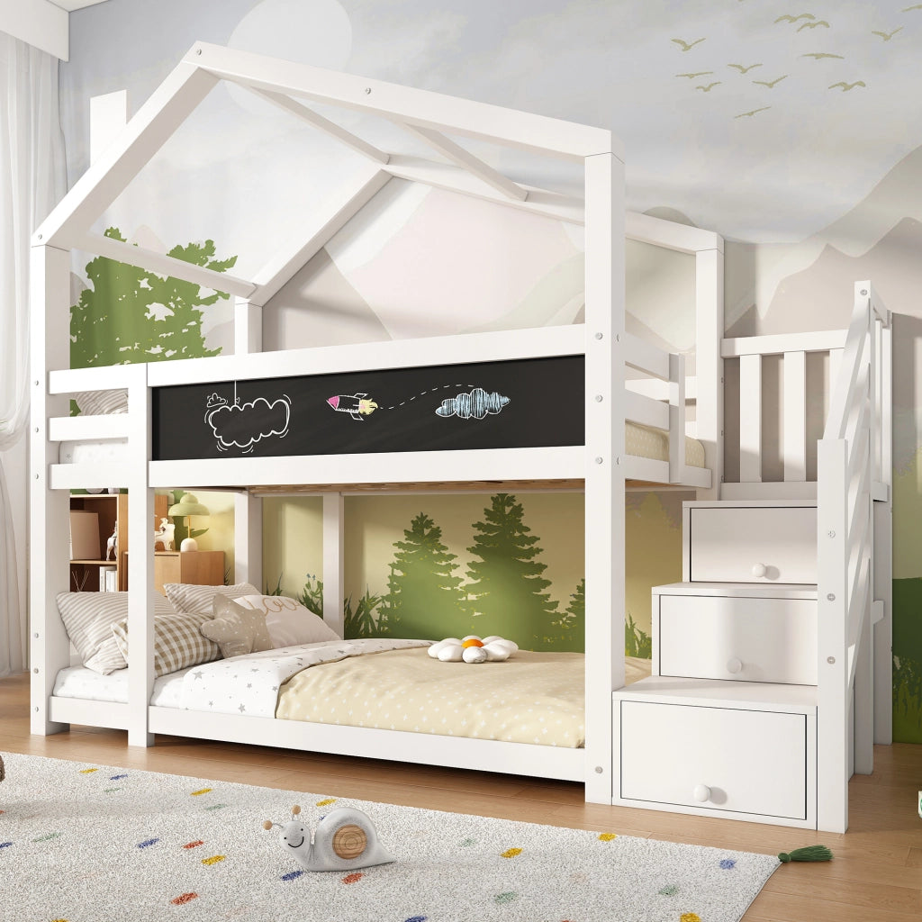 Letto a castello per bambini 90x200 cm con scala contenitore e lavagna; bianco