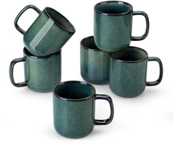 Set di tazze da caffè in ceramica per 6 persone, 340 ml, con maniglia, set da tè, resistente al lavastoviglie, resistente al microonde, verde