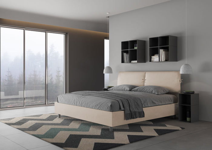 Letto Matrimoniale King Size 200x200 cm con Rete e Contenitore Testata con Cuscini Imbottito in Microfibra Mados Sabbia