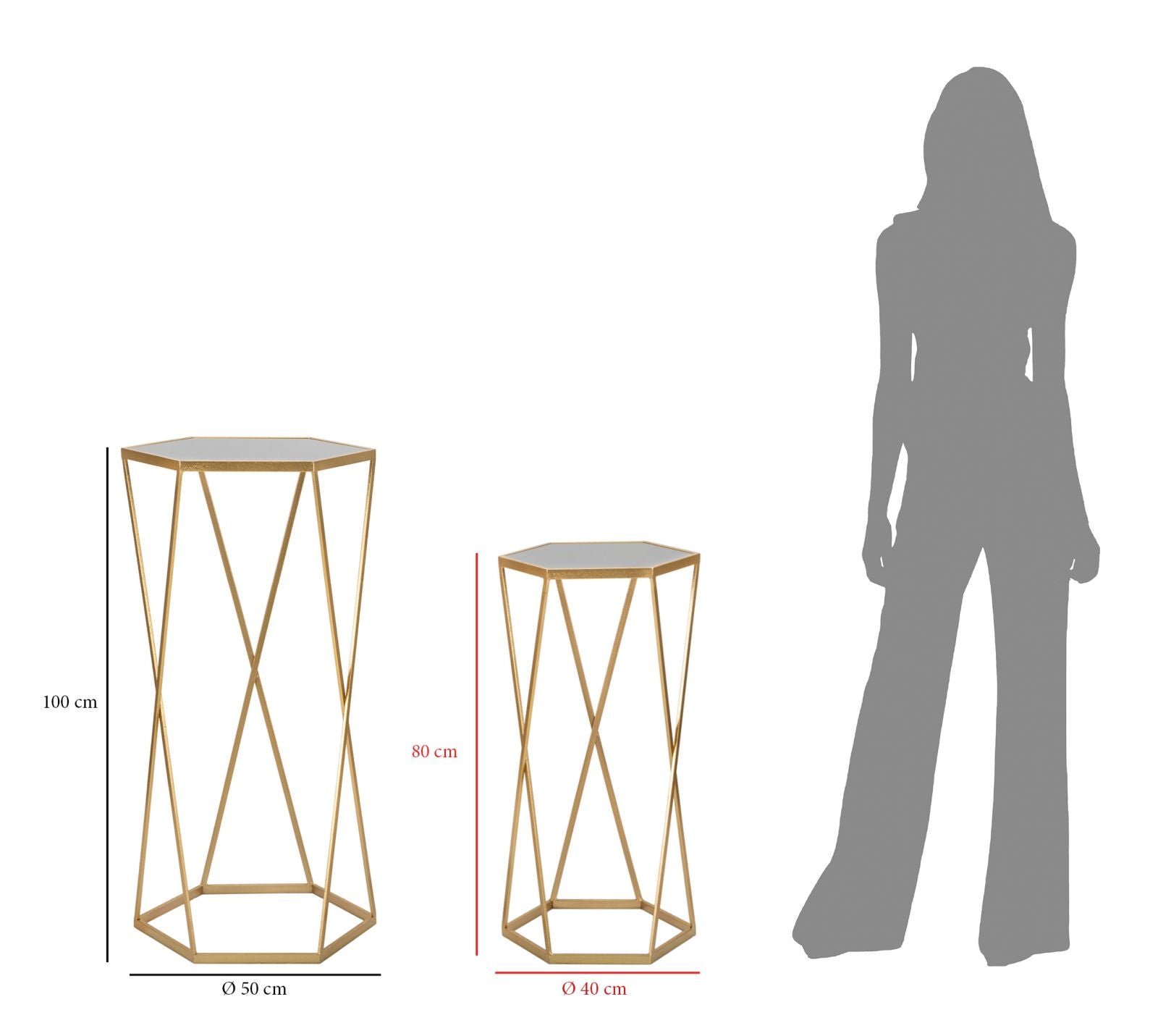 Set 2 Tavolini Esagonal Ø50 cm e Ø40 cm in Ferro e MDF Oro