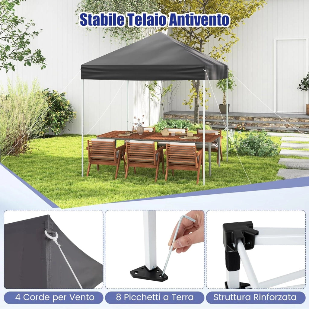 Gazebo Pop-up da Esterno 2 x 2 m, Gazebo Regolabile in Altezza con Borsa da Trasporto, 8 Picchetti e 4 Corde Antivento, Tenda Pieghevole Portatile per Giardino (Grigio)