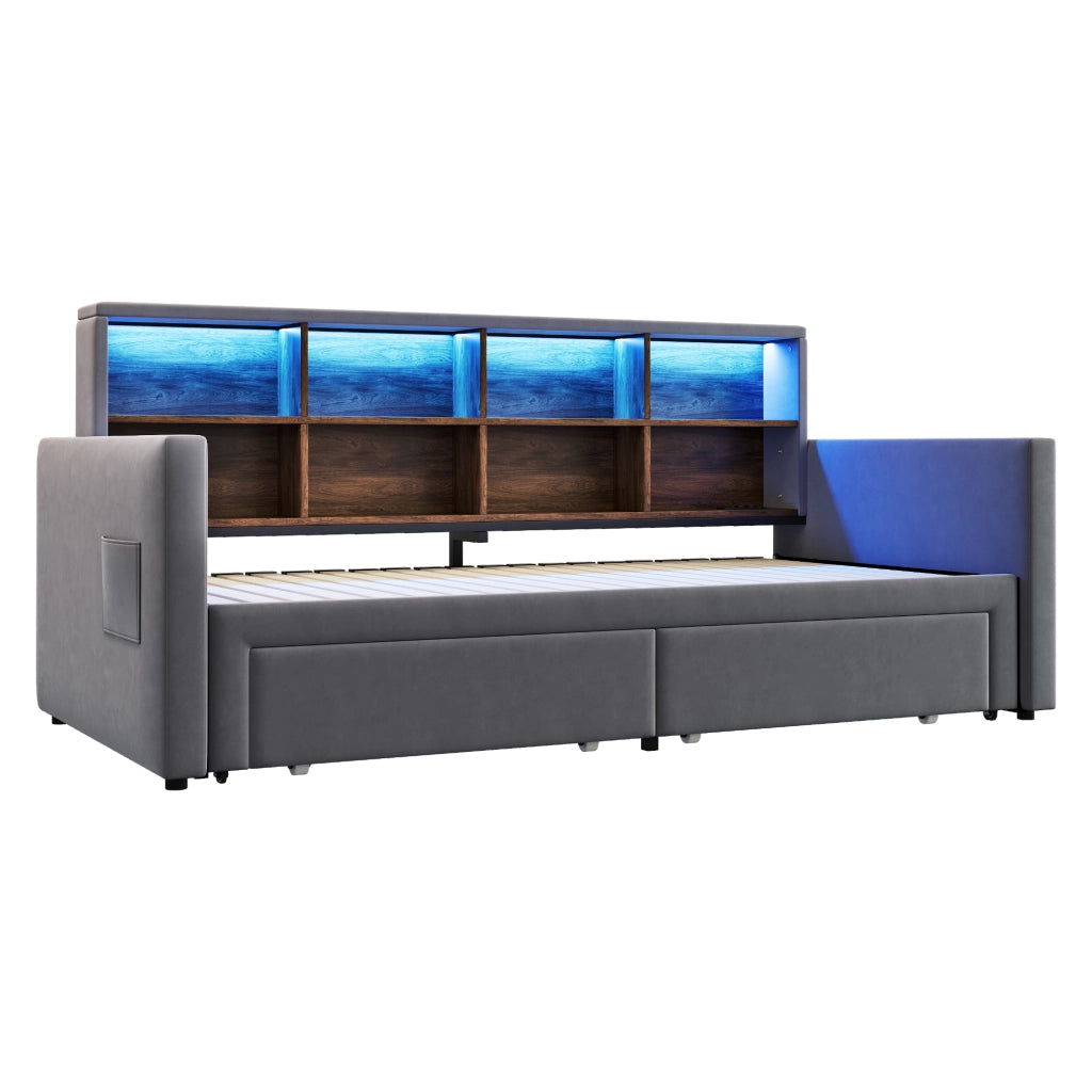 LETTO imbottito estraibile 90x190 cm in velluto grigio con rete a doghe