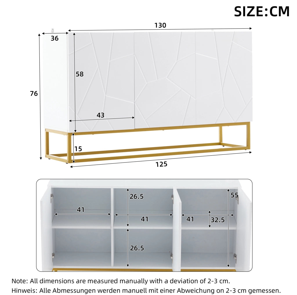 Credenza moderna 130 cm con 3 ante; ante lucide; ripiani regolabili; bianco oro