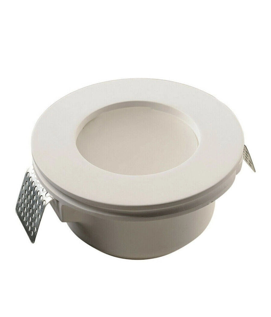 Portafaretto da incasso in gesso a scomparsa, diametro 120mm, altezza 65mm, foro 125mm, con vetro opaco, compatibile con faretti GU10