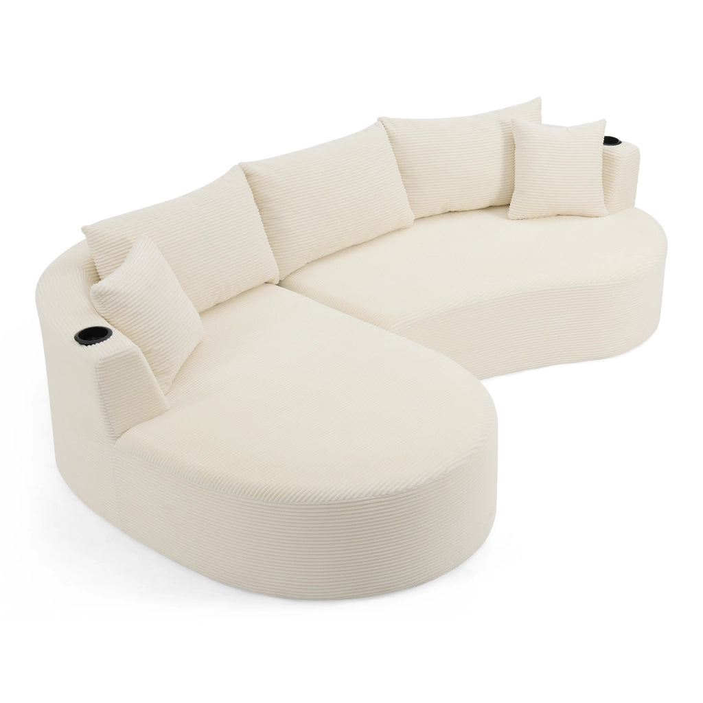 Divano 3 Posti con Chaise Longue Sinistra ¨C MINIMAL ¨C Velluto a Coste, Beige, con Cuscini e Portabicchieri