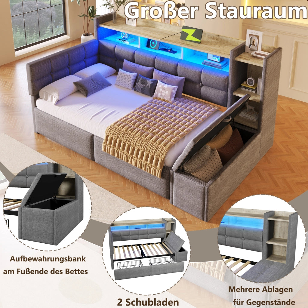 OKWISH Letto a Divano 90×190 cm, Letto Singolo con 2 Cassetti, USB, Tipo C, Mensola e LED Regolabile, senza Materasso, Velluto, Grigio Scuro