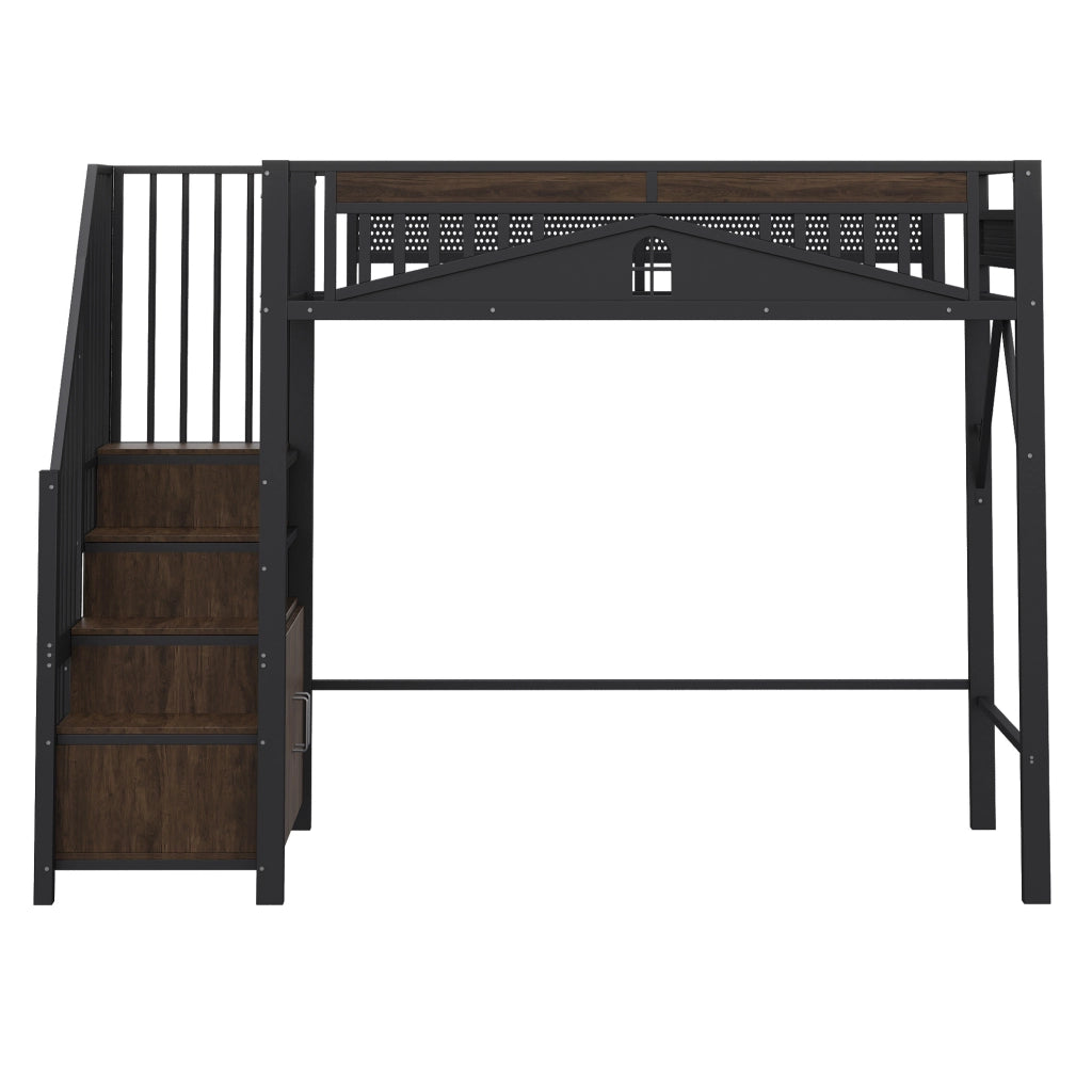 Letto a soppalco 90x200 cm nero in metallo con scala contenitore e finestra
