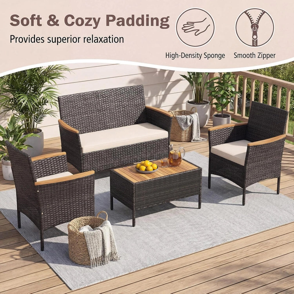 Salotto da Giardino Esterno 4 Pezzi, Set Giardino Esterno in Rattan con 1 Tavolino, 2 Poltrone e 1 Divano 2 Posti, Set Mobili da Patio con Cuscini Morbidi per Patio, Balcone e Piscina