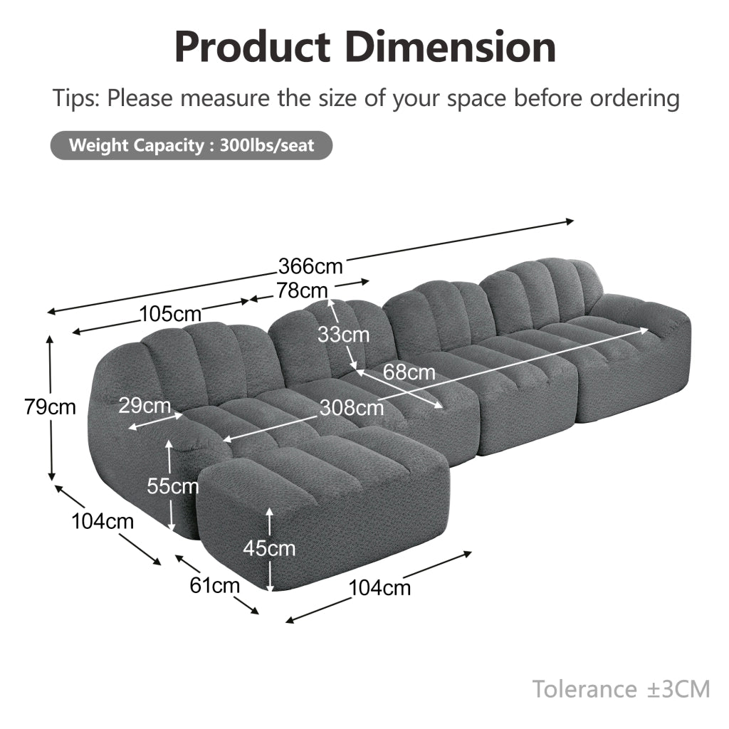 Divano Modulare 4 Posti con Ottoman ¨C MINIMAL ¨C Tessuto Morbido, Grigio