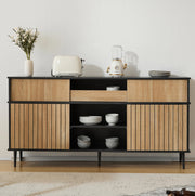 Credenza con ante scorrevoli effetto rovere e nero, 160 cm