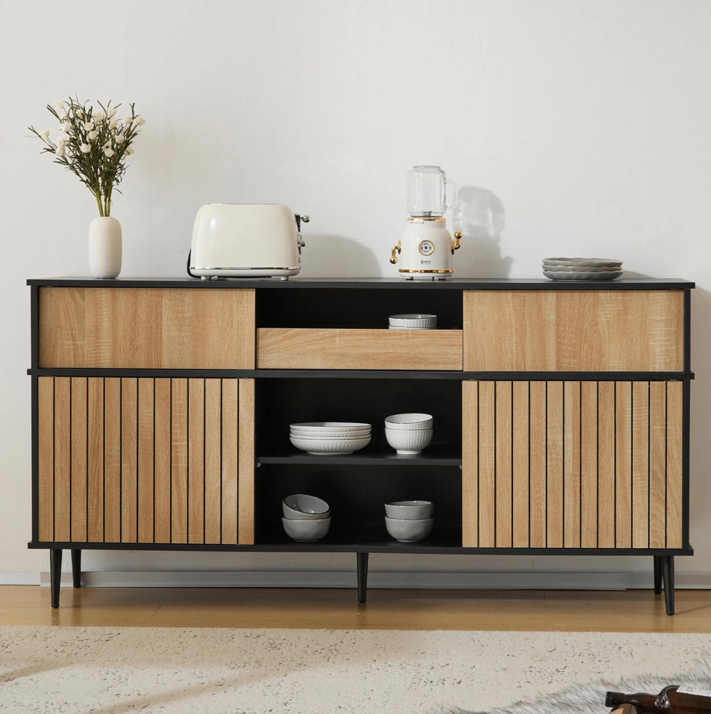 Credenza con ante scorrevoli effetto rovere e nero, 160 cm