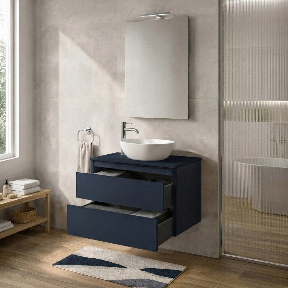Mobile bagno sospeso 80 cm blu portalavabo due cassetti Tierra
