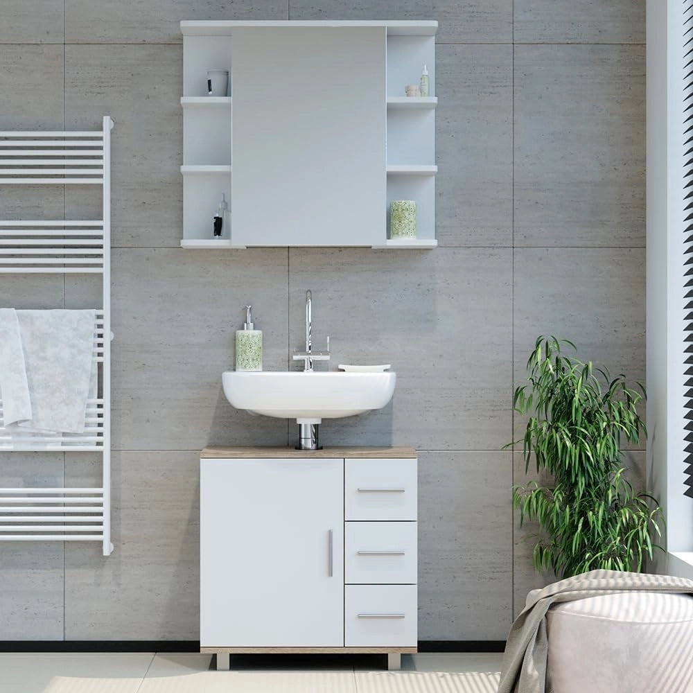 Set mobili bagno Ilias, Sonoma, 60 cm, composto da specchio da bagno e mobile sottolavabo