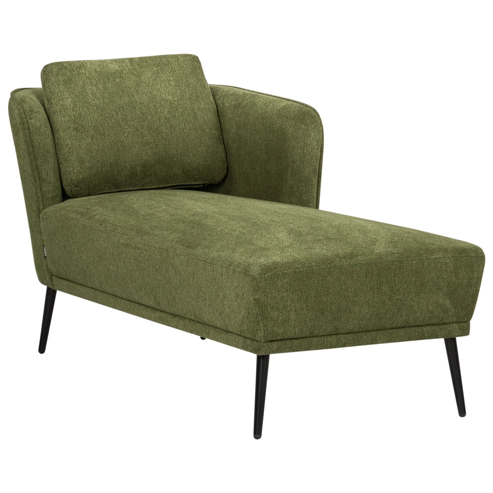 Chaise longue con cuscino verde scuro in tessuto bouclé lato sinistro stile retrò