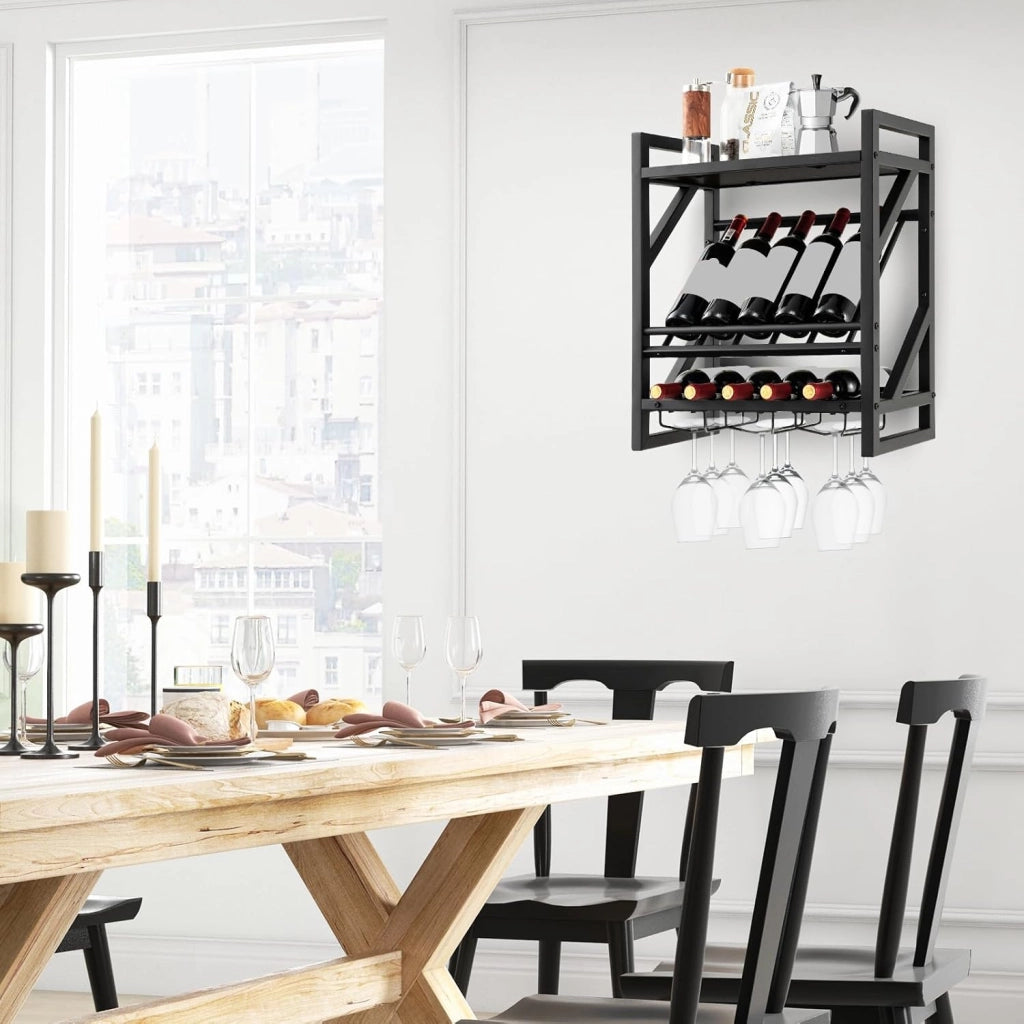 Cantinetta a Parete, Scaffale Vino Decorativo con Portacalici per Coppe, Supporto per Bottiglie Appendibile, 20 kg di Carico per Strato, per Cucina, Cantina, Bar (51 x 26,5 x 60 cm)