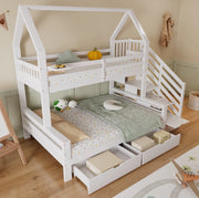 Letto a castello per bambini con scala contenitore e 2 cassetti bianco